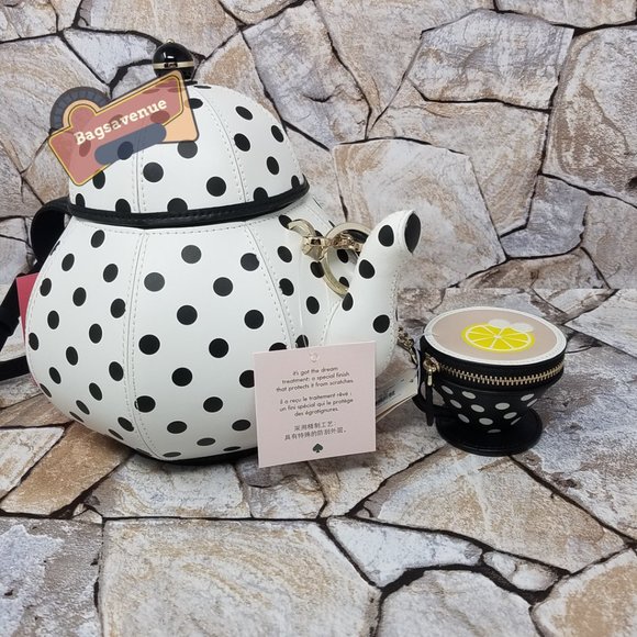 Teapot Polka Dot White Crossbody & Key Fob Key Chain Coin Purse Set Kate Spade - Picture 13 of 15